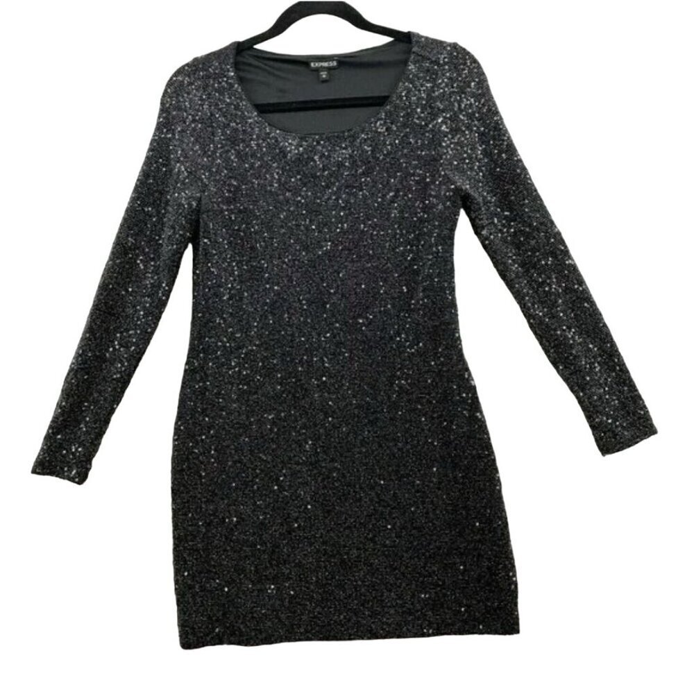 Express Womens Sequined Mesh Long Sleeve Dress Women's Size Small Silver clubwea